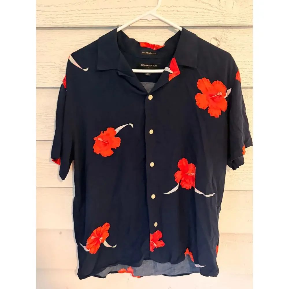 Banana Republic Navy Red Hibiscus Hawaiian Camp Shirt Men's M/L